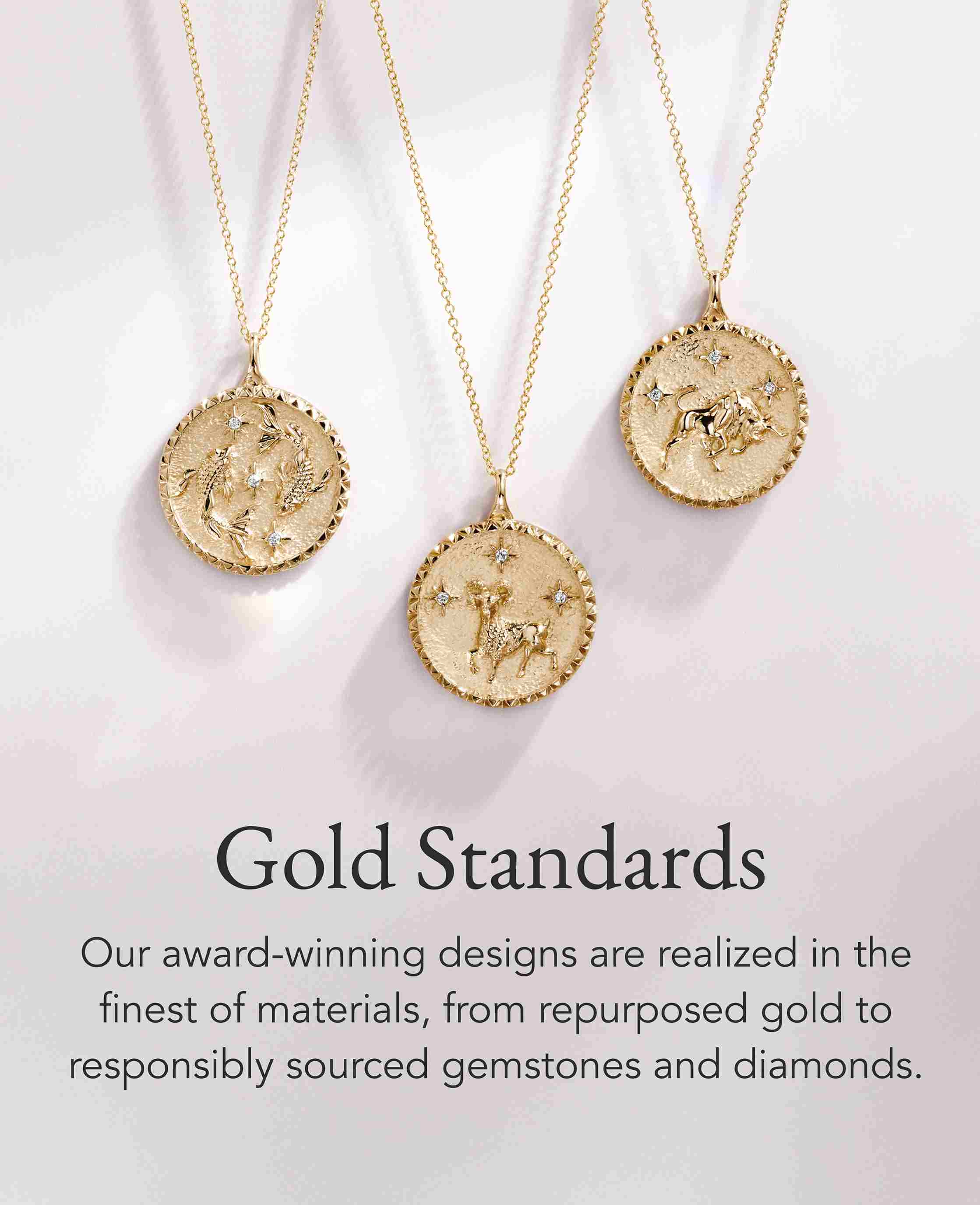 Gold diamond medallion necklaces.