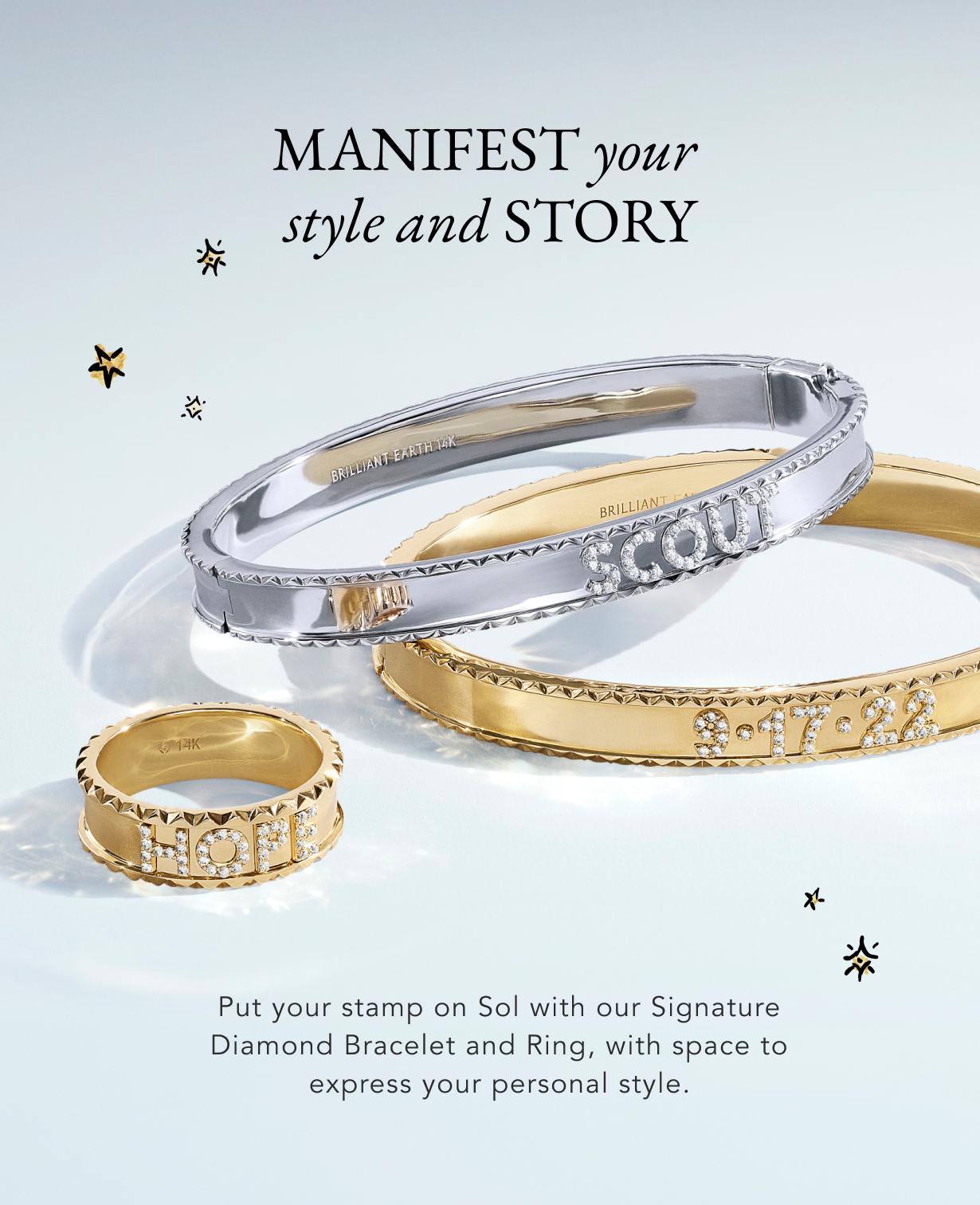 Personalized ring and bangles from Brilliant Earth's Sol Collection.