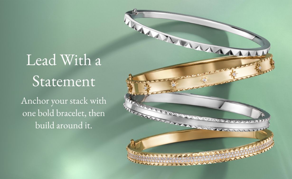 Assortment of gold and diamond bangle bracelets.