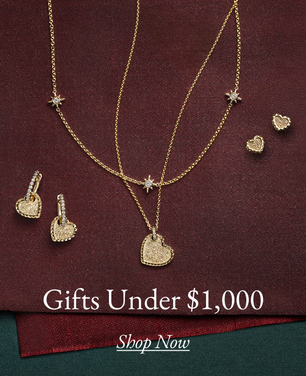 Assortment of fine jewelry pieces under $1,000, perfect for Valentine’s Day gifting.