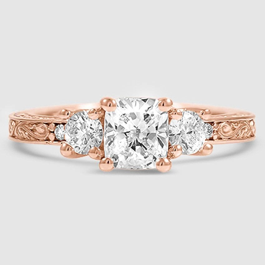 14K Rose Gold antique scroll engraved three stone 
