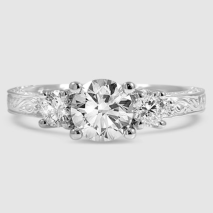 18K White Gold antique scroll engraved three stone 