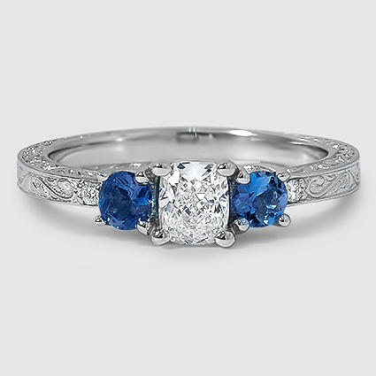 18K White Gold antique scroll engraved three stone (Modified with Sapphire Sidestones)