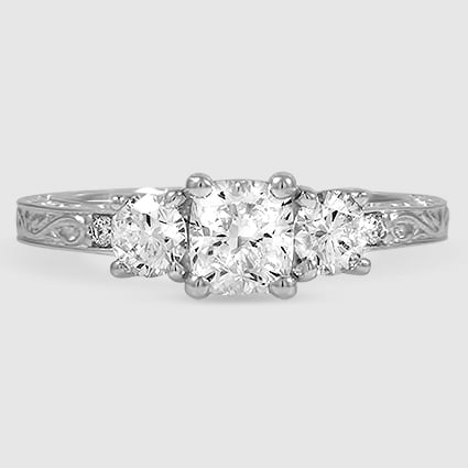 18K White Gold antique scroll engraved three stone 