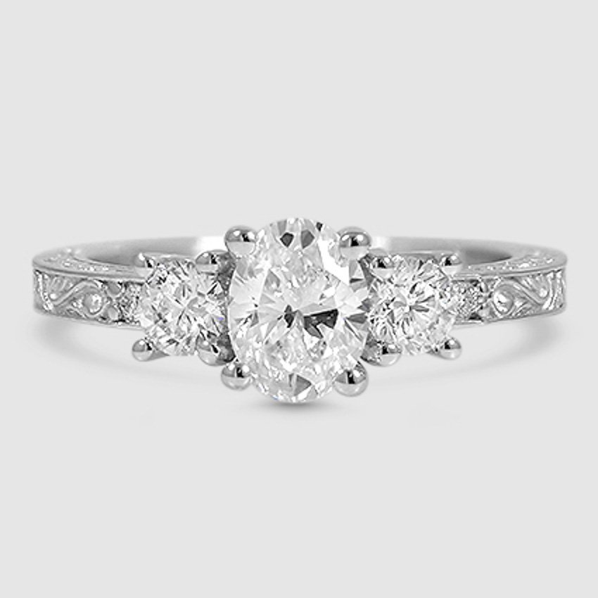 18K White Gold antique scroll engraved three stone 