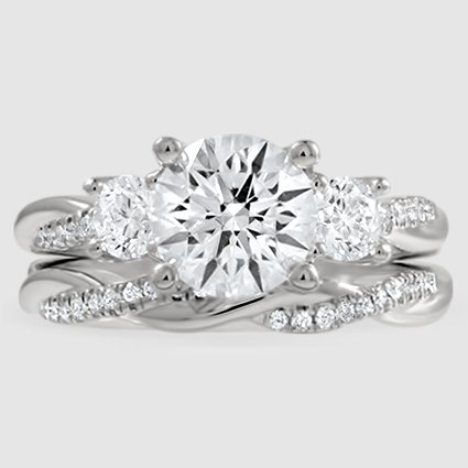 18K White Gold three stone petite twisted vine diamond bridal set 