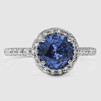 Sapphire Halo Diamond Ring with Side Stones (1/3 ct. tw.) in 18K White Gold