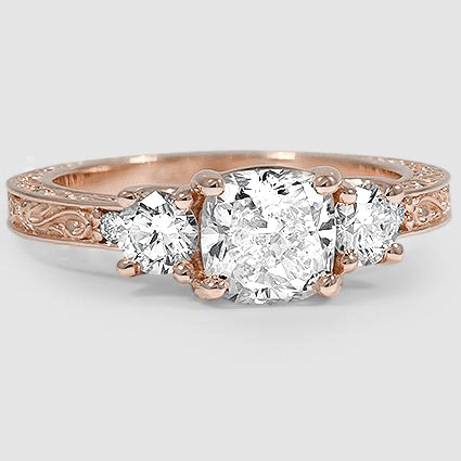 14K Rose Gold antique scroll engraved three stone 