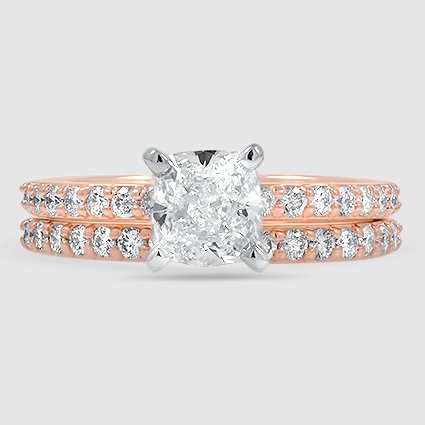 14K Rose Gold petite shared prong bridal set 