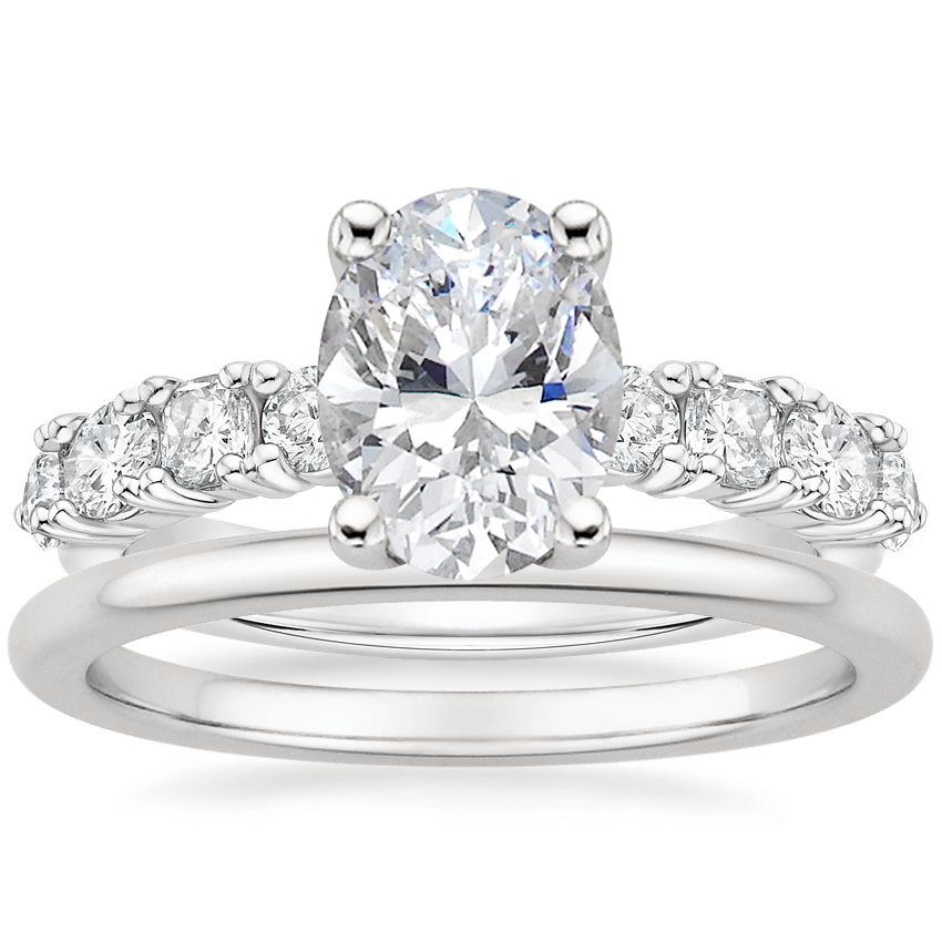 18K White Gold Montage Diamond Ring with Petite Comfort Fit Wedding Ring