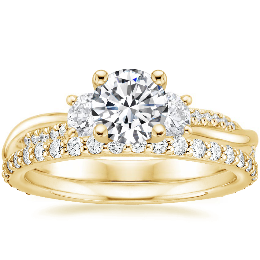 18K Yellow Gold Three Stone Petite Twisted Vine Diamond Ring (2/5 ct. tw.) with Petite Shared Prong Eternity Diamond Ring (1/2 ct. tw.)