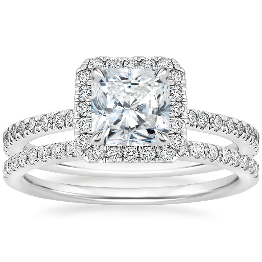 18K White Gold Luxe Ballad Halo Diamond Ring (1/3 ct. tw.) with Ballad Diamond Ring (1/6 ct. tw.)