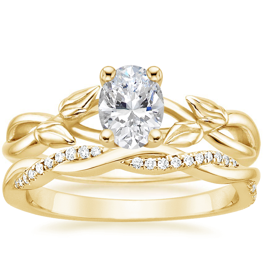 18K Yellow Gold Budding Willow Ring with Petite Twisted Vine Diamond Ring (1/8 ct. tw.)