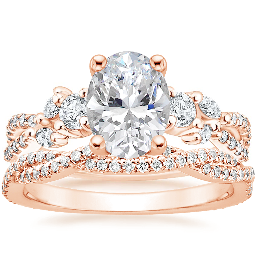 14K Rose Gold Three Stone Luxe Willow Diamond Ring (1/2 ct. tw.) with Petite Luxe Twisted Vine Diamond Ring (1/4 ct. tw.)