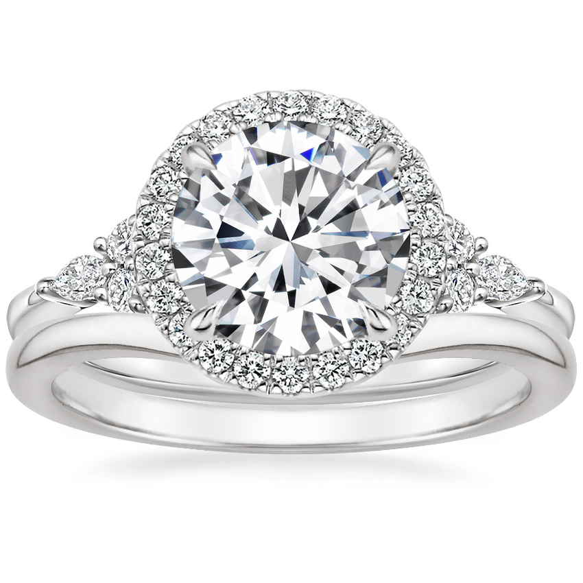 18K White Gold Nadia Halo Diamond Ring with Petite Curved Wedding Ring