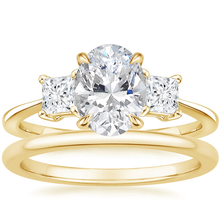 18K Yellow Gold Princess Cut Three Stone Diamond Ring with Petite Comfort Fit Wedding Ring