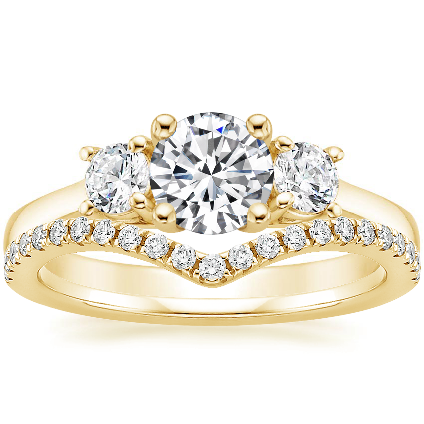 18K Yellow Gold Petite Three Stone Trellis Diamond Ring (1/3 ct. tw.) with Flair Diamond Ring (1/6 ct. tw.)