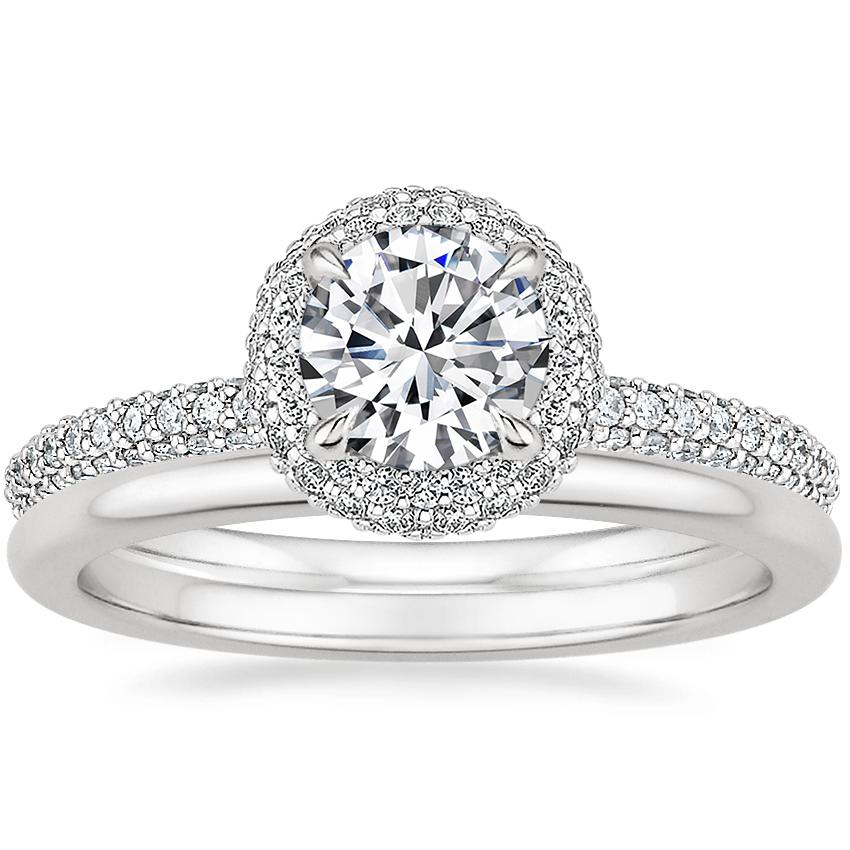 18K White Gold Valencia Halo Diamond Ring (1/2 ct. tw.) with Petite Comfort Fit Wedding Ring