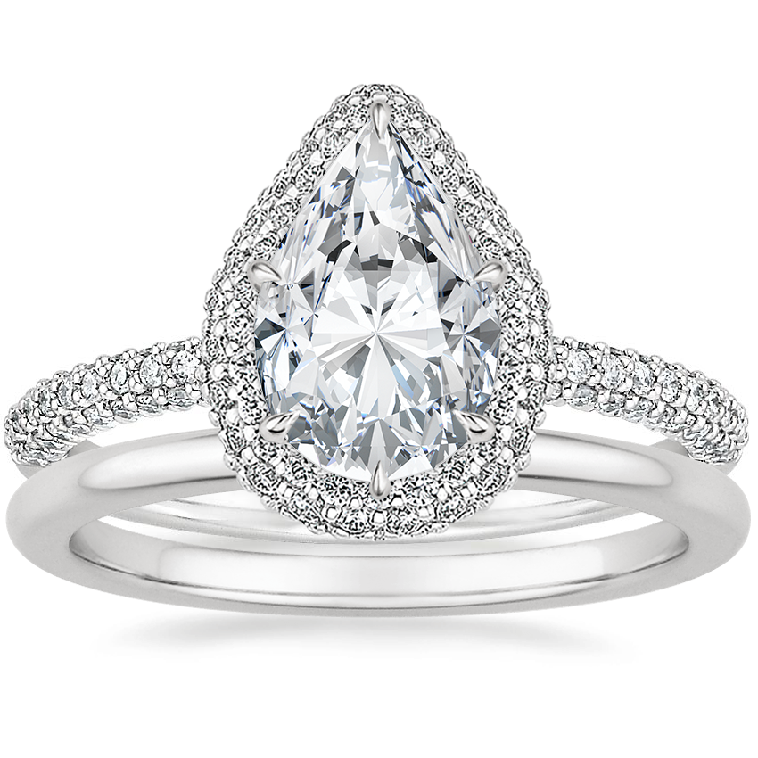 18K White Gold Valencia Halo Diamond Ring (1/2 ct. tw.) with Petite Comfort Fit Wedding Ring