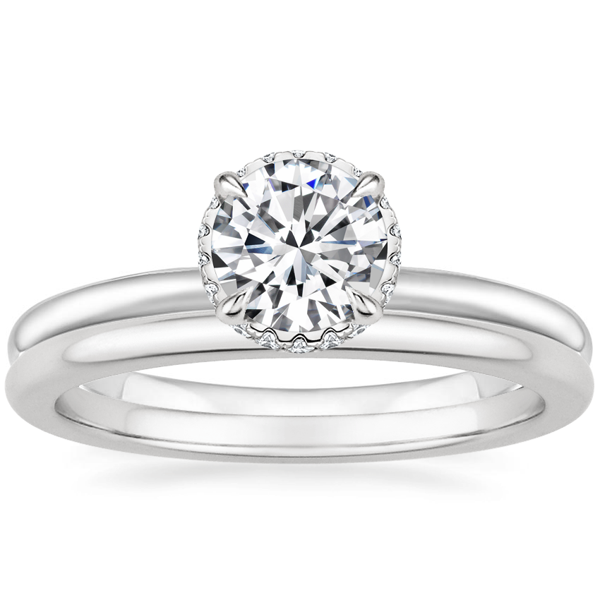 18K White Gold Double Hidden Halo Diamond Ring (1/6 ct. tw.) with Petite Comfort Fit Wedding Ring