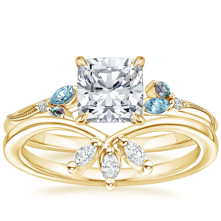 18K Yellow Gold Camellia Indigo Milgrain Ring with Abelia Diamond Ring