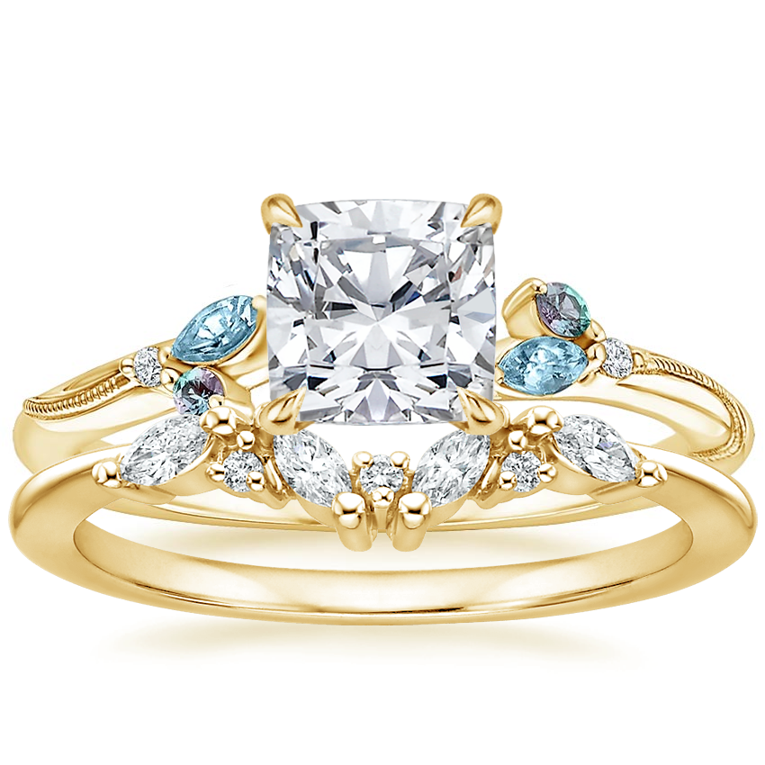18K Yellow Gold Camellia Indigo Milgrain Ring with Yvette Diamond Ring