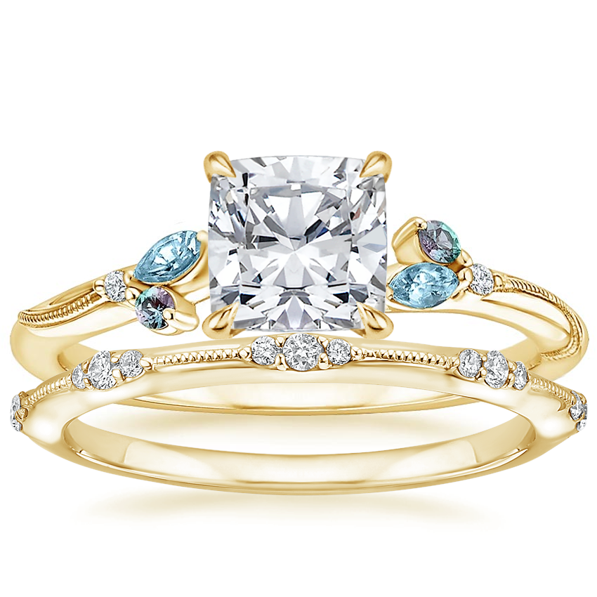18K Yellow Gold Camellia Indigo Milgrain Ring with Alena Diamond Ring
