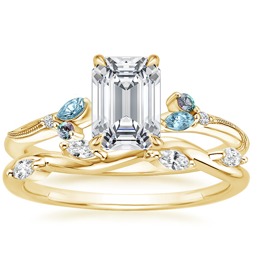 18K Yellow Gold Camellia Indigo Milgrain Ring with Winding Willow Diamond Ring