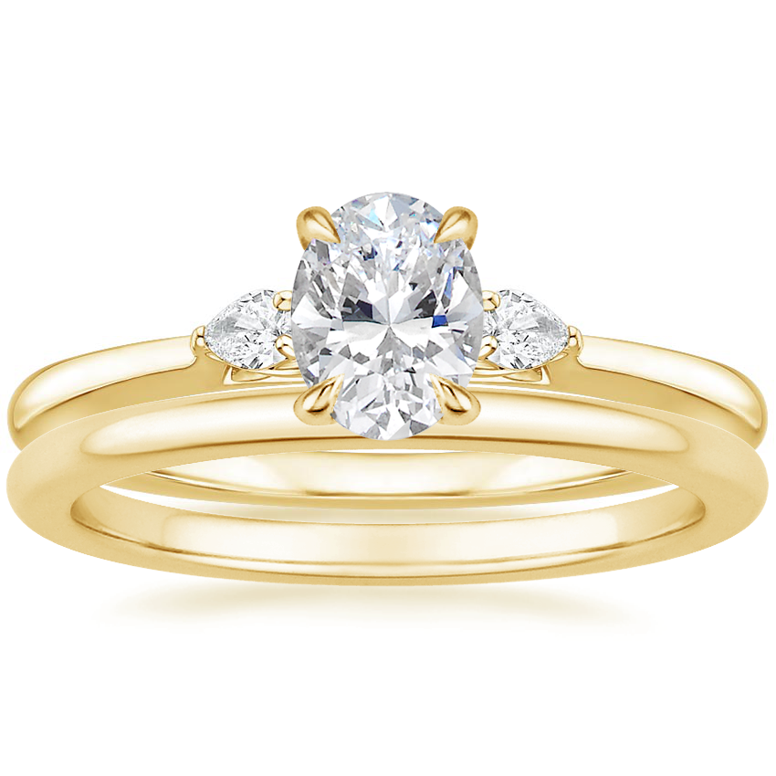 18K Yellow Gold Perfect Fit Three Stone Pear Diamond Ring with Petite Comfort Fit Wedding Ring