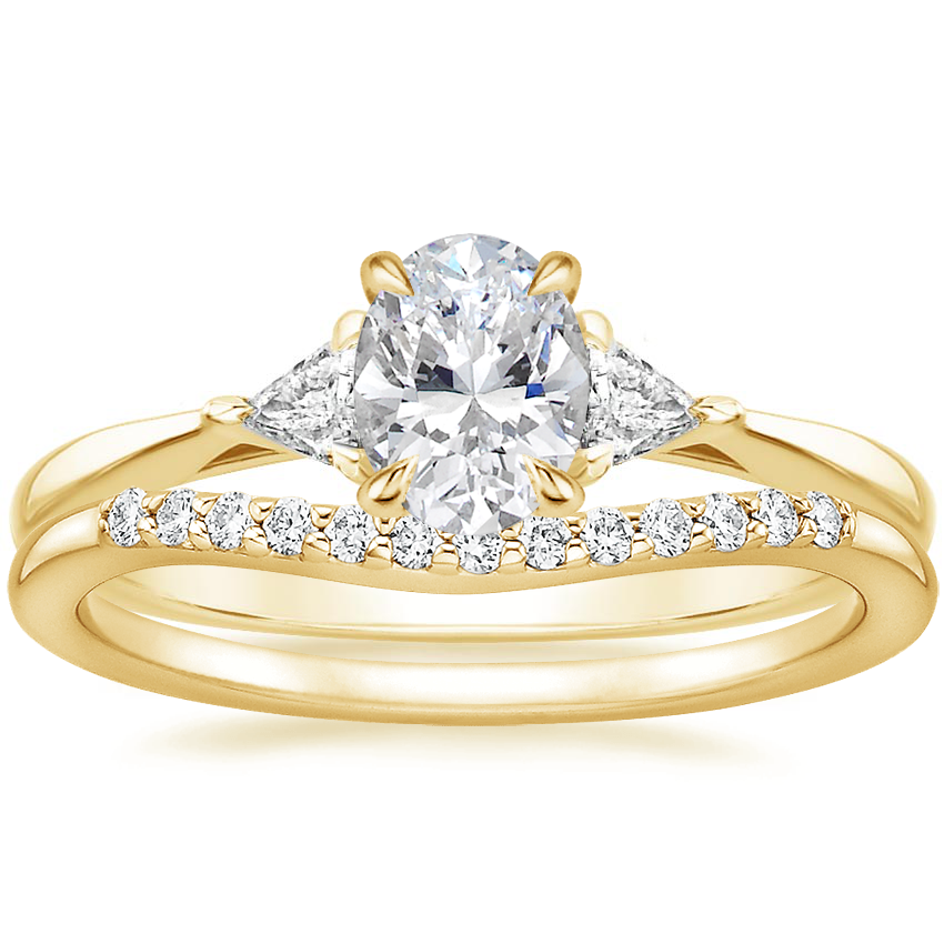 18K Yellow Gold Trillion Three Stone Diamond Ring with Petite Curved Diamond Ring (1/10 ct. tw.)