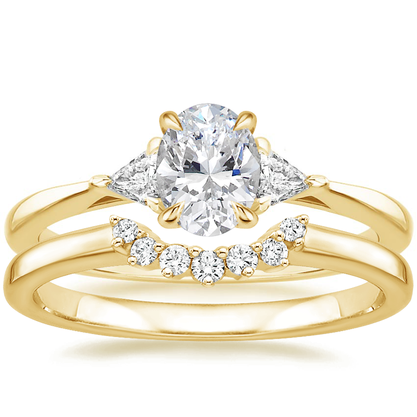 18K Yellow Gold Trillion Three Stone Diamond Ring with Crescent Diamond Ring