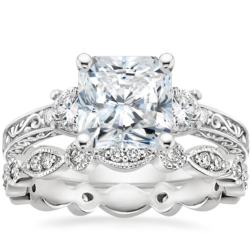 Platinum Antique Scroll Three Stone Trellis Diamond Ring (1/3 ct. tw.) with Tiara Eternity Diamond Ring (1/4 ct. tw.)