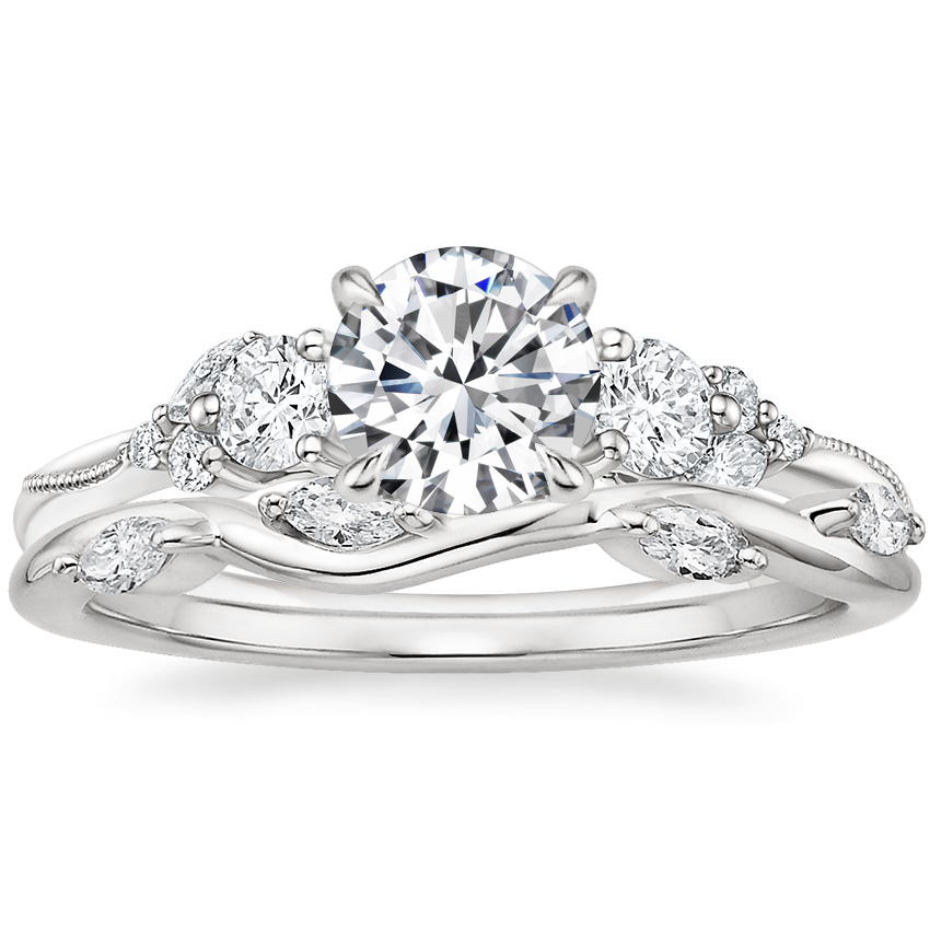 18K White Gold Camellia Three Stone Diamond Ring (1/3 ct. tw.) with Winding Willow Diamond Ring