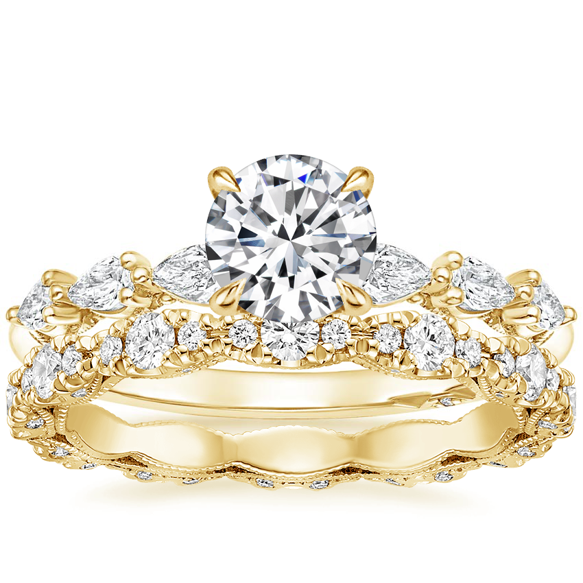 18K Yellow Gold Tacori Sculpted Crescent Pear Diamond Ring with Tacori Petite Crescent Pavé Eternity Diamond Ring (5/8 ct. tw.)