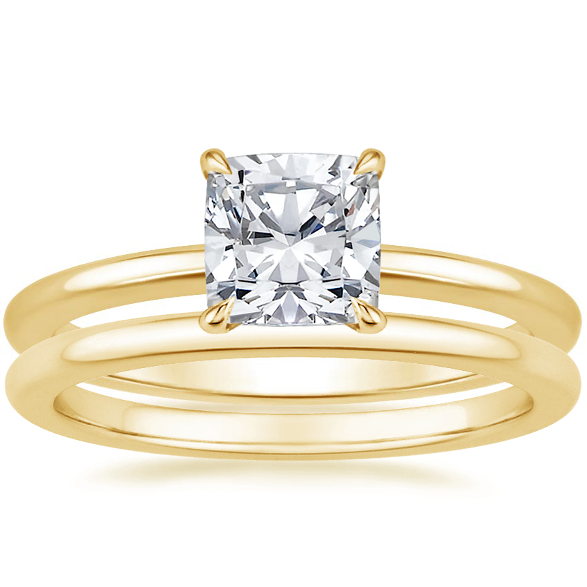 18K Yellow Gold Secret Halo Diamond Ring with Petite Comfort Fit Wedding Ring