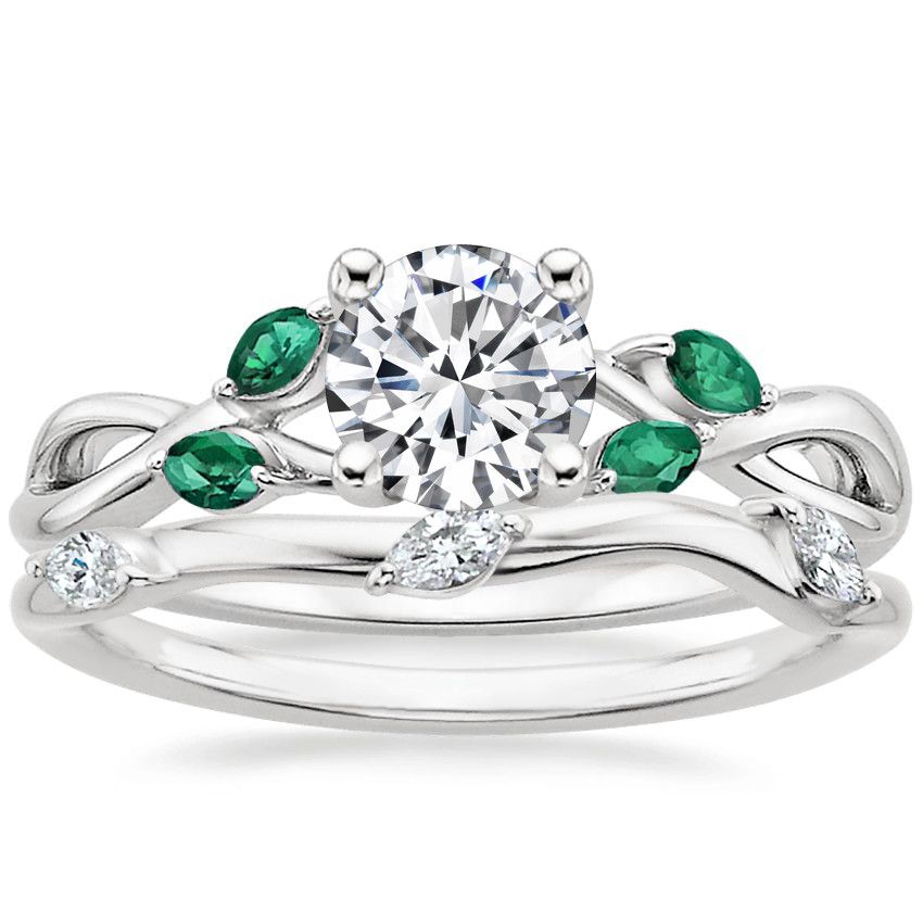 18K White Gold Willow Ring With Lab Emerald Accents with Willow Diamond Ring (1/10 ct. tw.)
