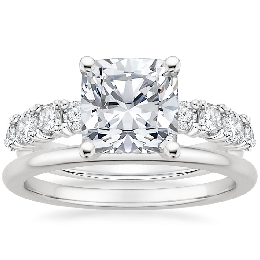 18K White Gold Montage Diamond Ring with Petite Comfort Fit Wedding Ring