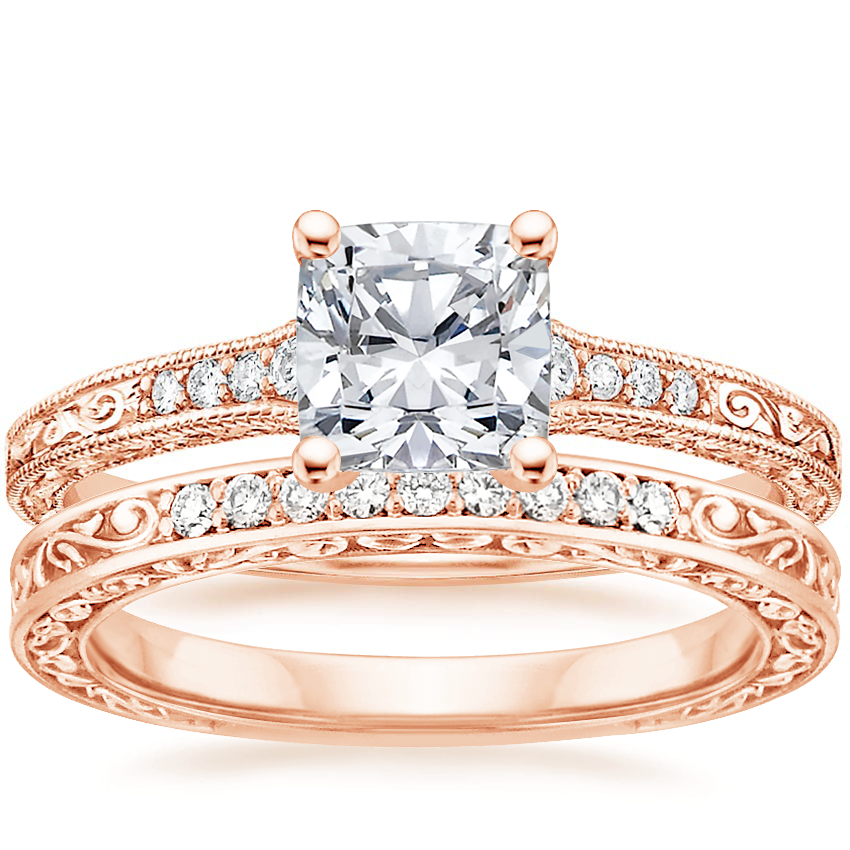 14K Rose Gold Luxe Hudson Diamond Ring (1/10 ct. tw.) with Delicate Antique Scroll Diamond Ring (1/15 ct. tw.)