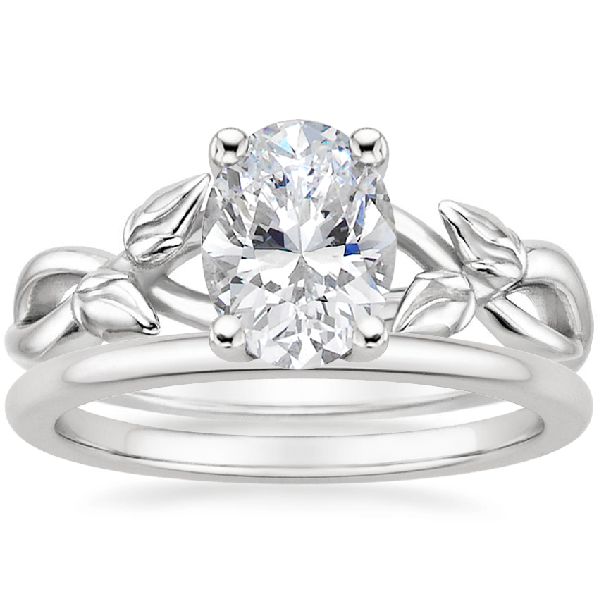 18K White Gold Budding Willow Ring with Petite Comfort Fit Wedding Ring