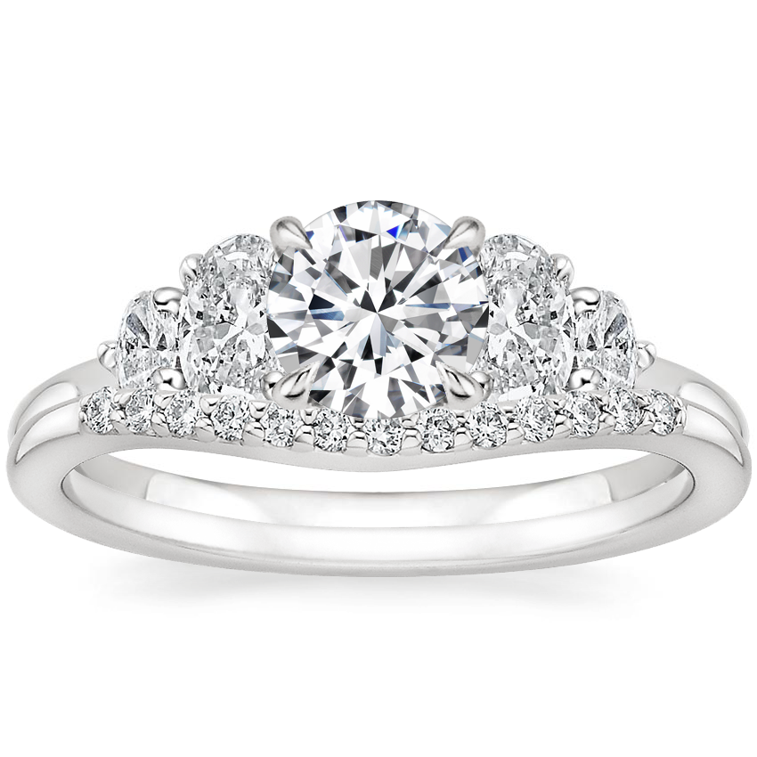 18K White Gold Oval Five Stone Diamond Ring (1 ct. tw.) with Petite Curved Diamond Ring (1/10 ct. tw.)