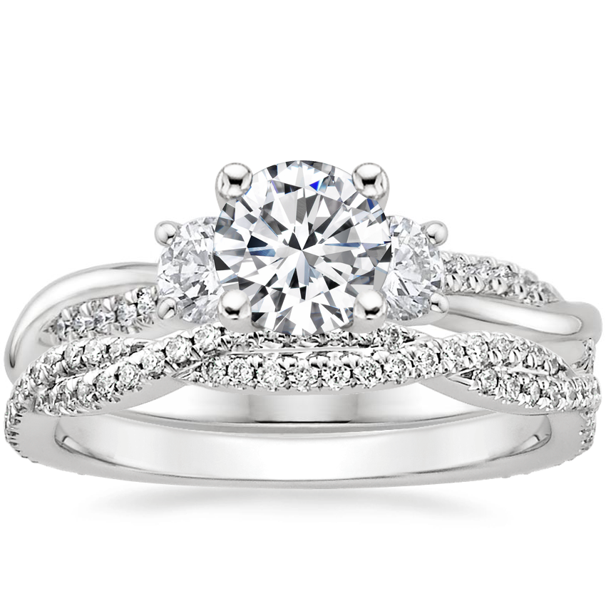 18K White Gold Three Stone Petite Twisted Vine Diamond Ring with Petite Luxe Twisted Vine Diamond Ring