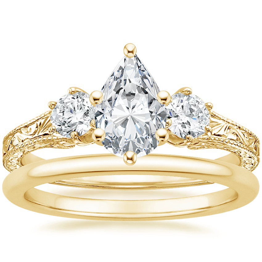 18K Yellow Gold Three Stone Hudson Diamond Ring (1/3 ct. tw.) with Petite Comfort Fit Wedding Ring