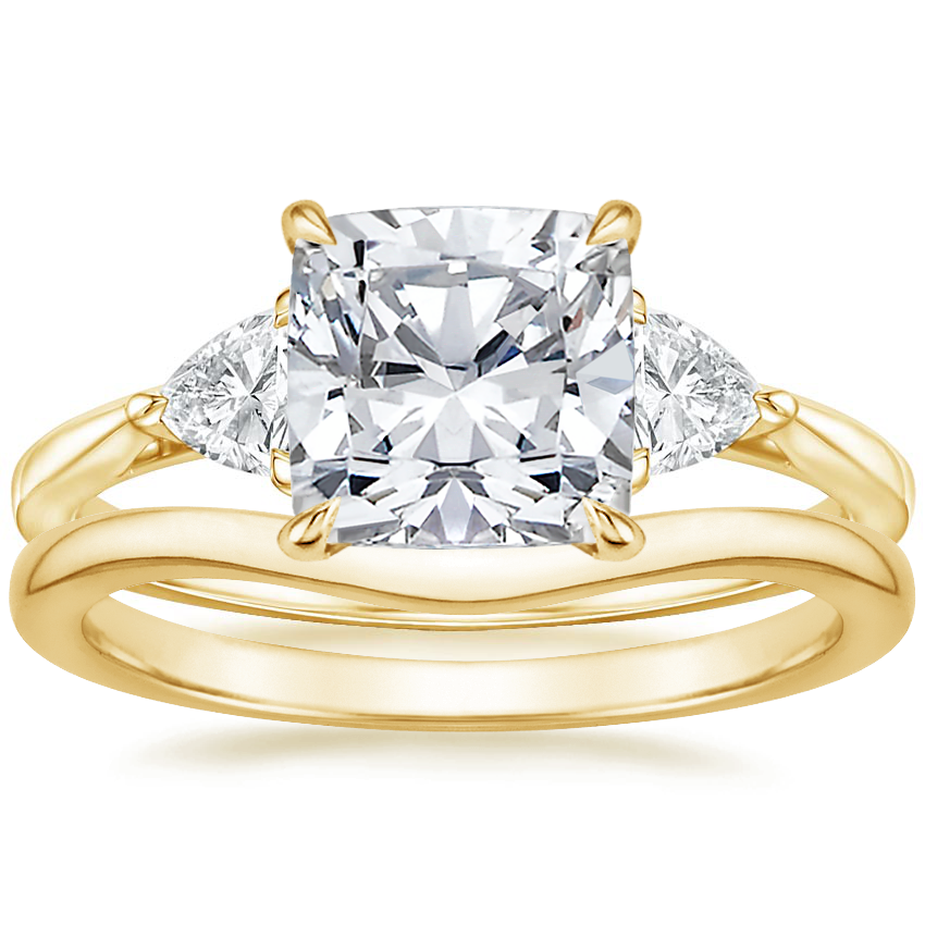 18K Yellow Gold Luxe Trillion Cut Three Stone Diamond Ring with Petite Curved Wedding Ring