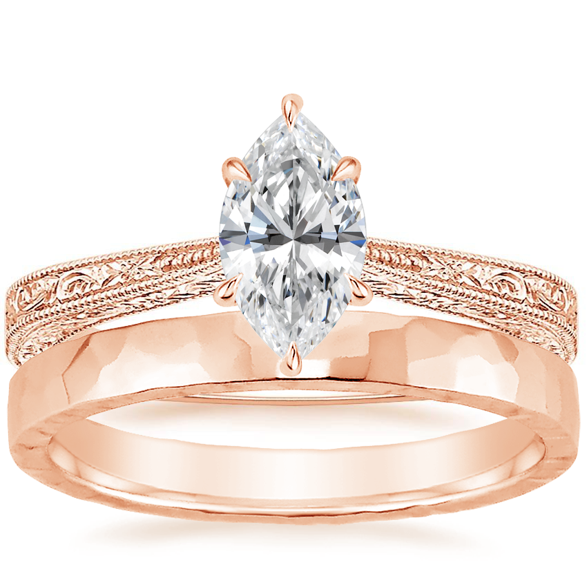 14K Rose Gold Elsie Ring with 2.5mm Hammered Quattro Wedding Ring