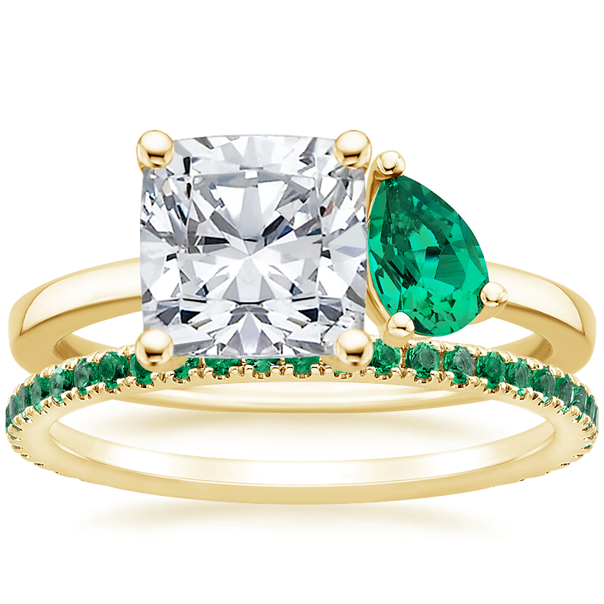 18K Yellow Gold Viridian Toi et Moi Diamond Ring with Luxe Ballad Emerald Ring