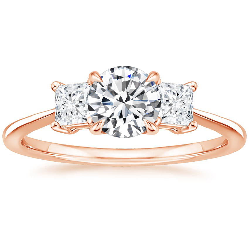 14K Rose Gold Princess Cut Three Stone Diamond Ring, large top view