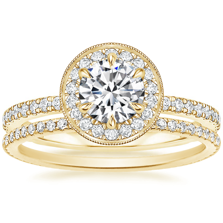 18K Yellow Gold Vintage Waverly Diamond Ring (1/2 ct. tw.) with Whisper Eternity Diamond Ring (1/4 ct. tw.)