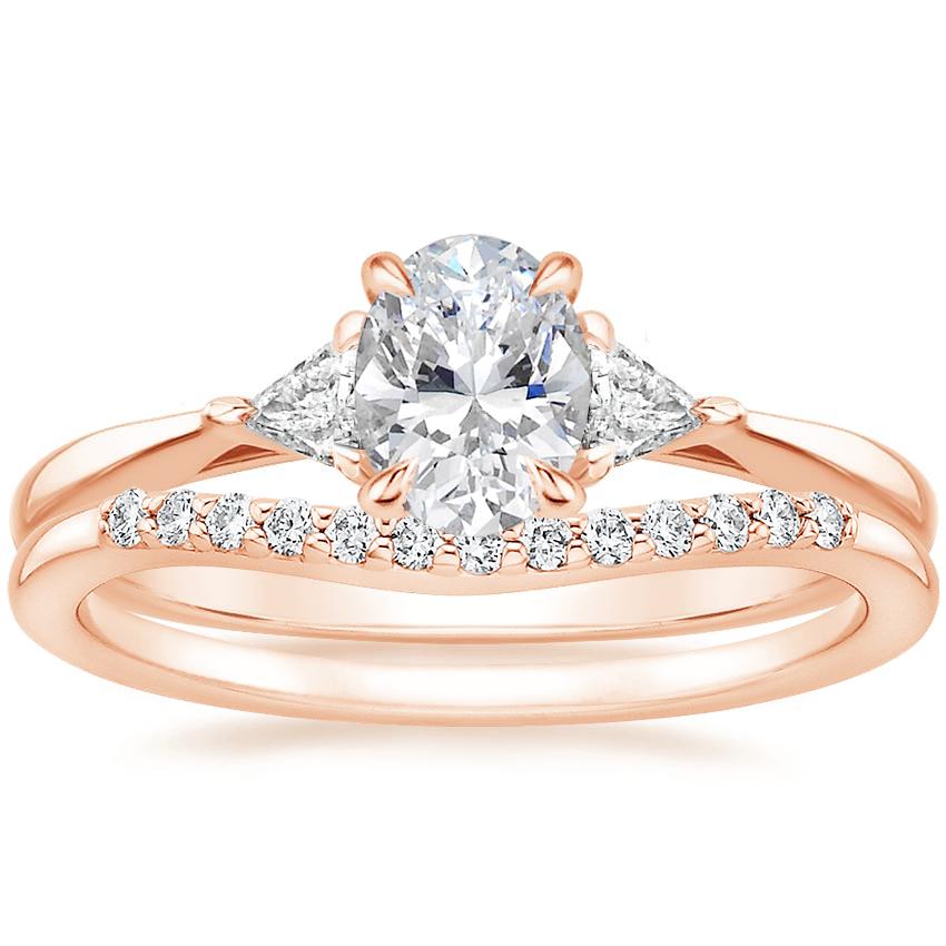 14K Rose Gold Trillion Three Stone Diamond Ring with Petite Curved Diamond Ring (1/10 ct. tw.)