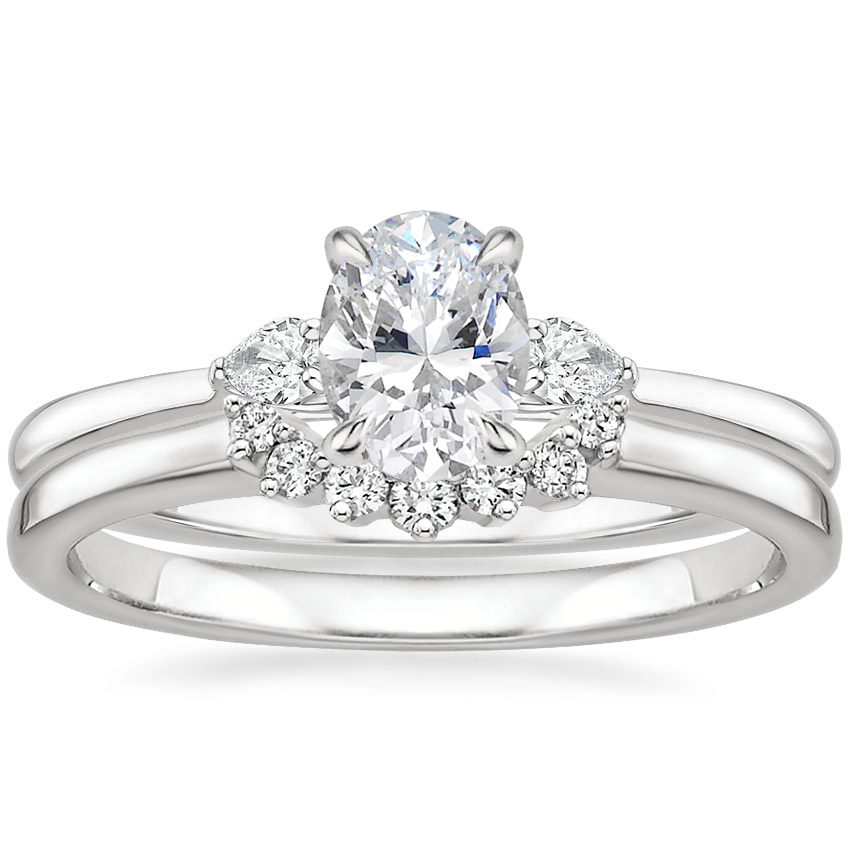 18K White Gold Perfect Fit Three Stone Pear Diamond Ring with Crescent Diamond Ring