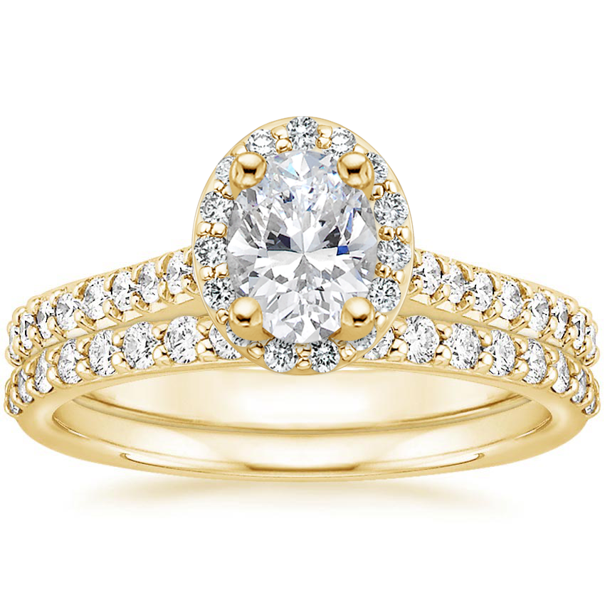 18K Yellow Gold Fancy Halo Diamond Ring with Side Stones (1/3 ct. tw.) with Petite Shared Prong Diamond Ring (1/4 ct. tw.)